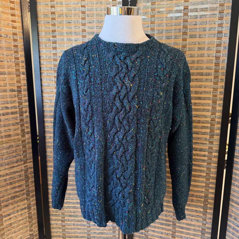 Skyr Cable Knit Sweater Mens L Teal Blue Confetti Fleck Vintage Wool Blend